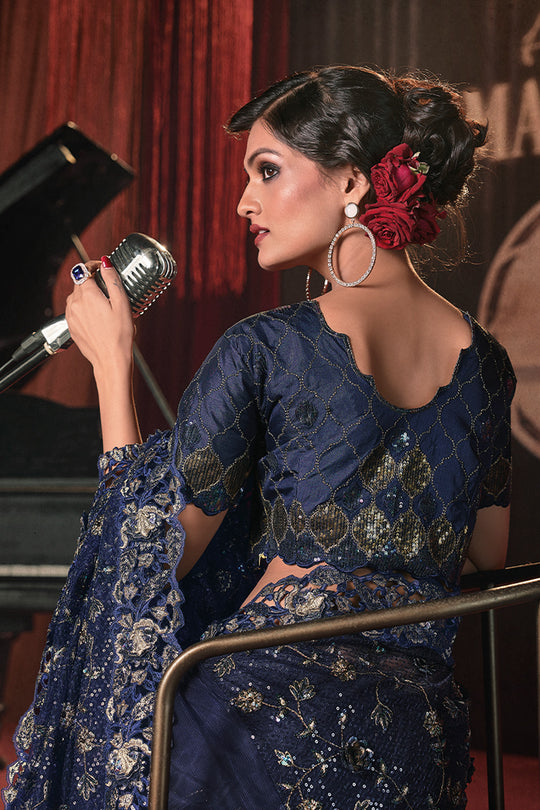 Karagiri Navy Blue Digital Net Saree With Blouse Piece