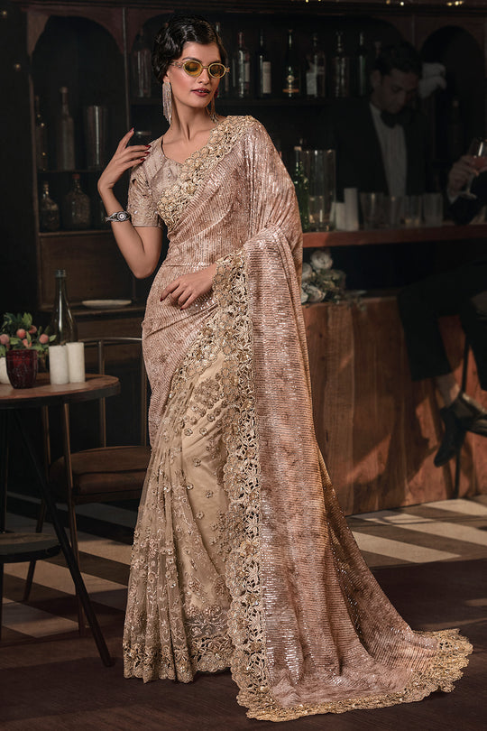 Karagiri Golden Silk Blend Saree With Blouse Piece