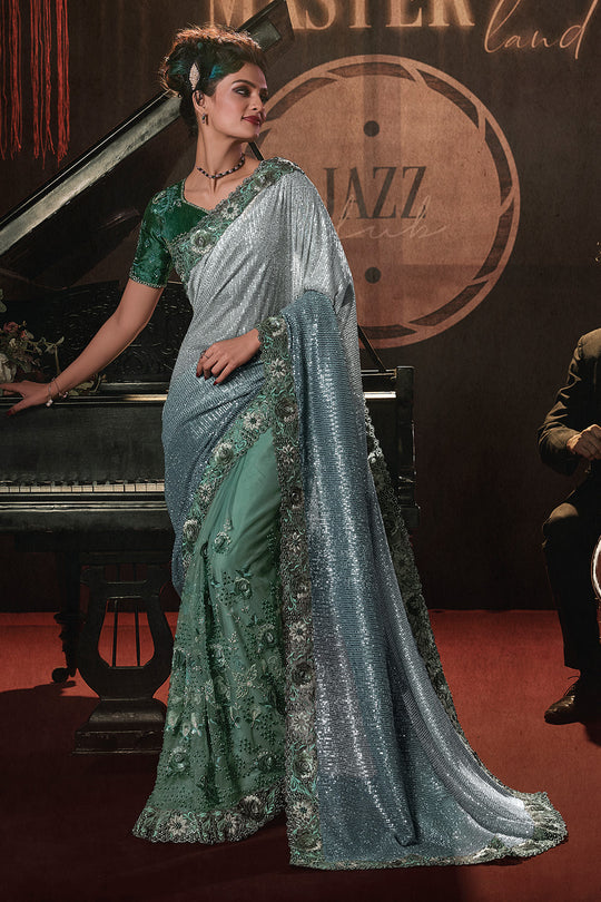 Karagiri Sparkly Grey Silk Blend Saree With Blouse Piece