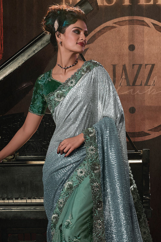 Karagiri Sparkly Grey Silk Blend Saree With Blouse Piece