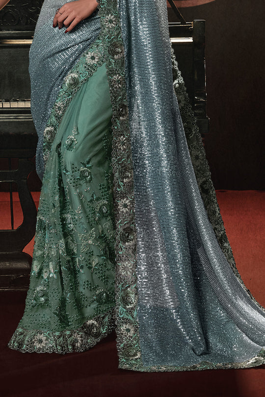 Karagiri Sparkly Grey Silk Blend Saree With Blouse Piece