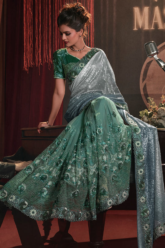 Karagiri Sparkly Grey Silk Blend Saree With Blouse Piece