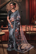 Karagiri Black & Grey Digital Net Saree With Blouse Piece
