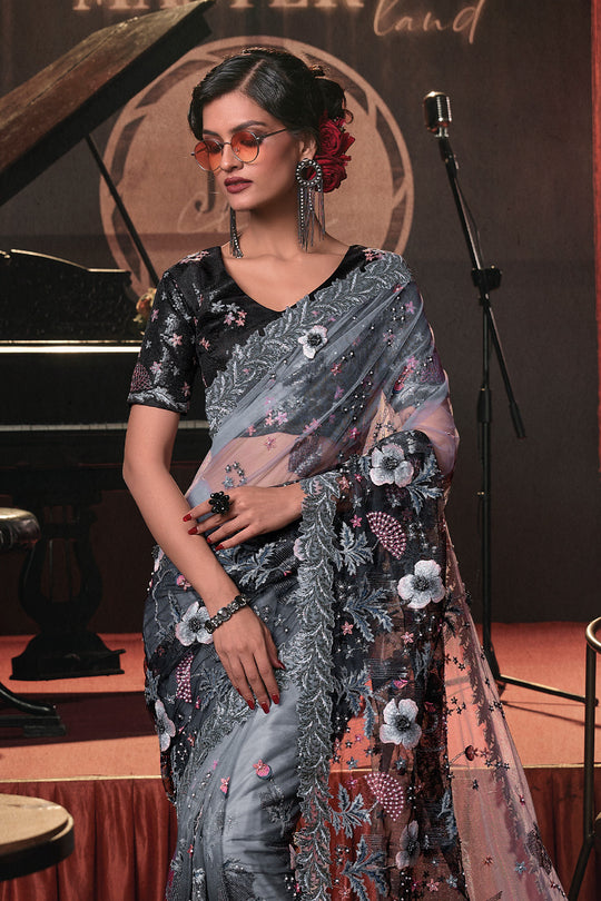 Karagiri Black & Grey Digital Net Saree With Blouse Piece