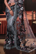 Karagiri Black & Grey Digital Net Saree With Blouse Piece