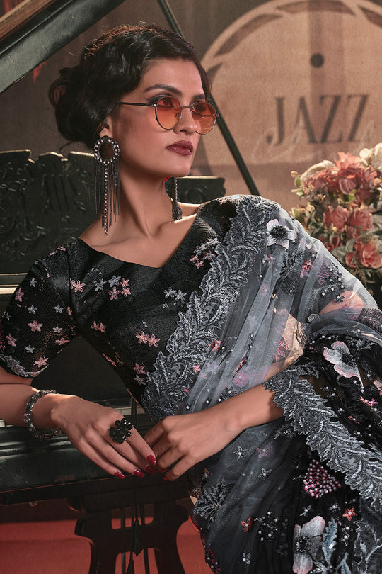Karagiri Black & Grey Digital Net Saree With Blouse Piece