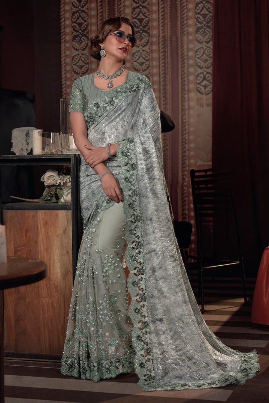 Karagiri Pista Green Silk Blend Saree With Blouse Piece