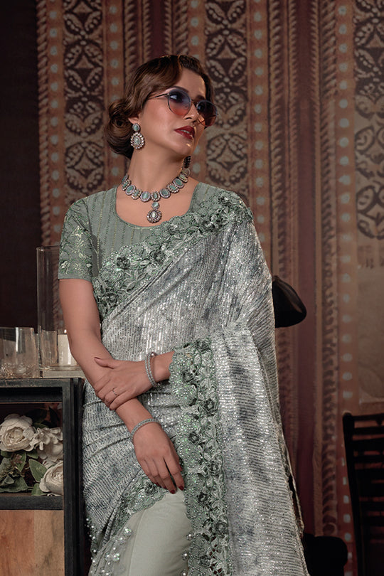 Karagiri Pista Green Silk Blend Saree With Blouse Piece
