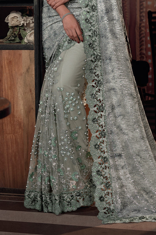 Karagiri Pista Green Silk Blend Saree With Blouse Piece