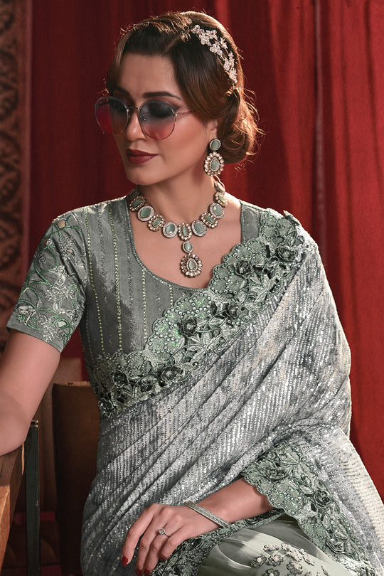 Karagiri Pista Green Silk Blend Saree With Blouse Piece