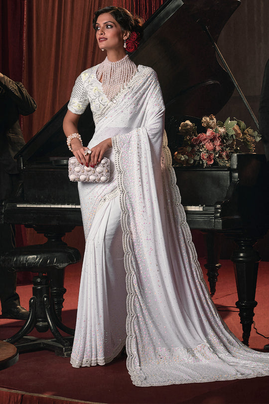 Karagiri White Silk Blend Saree With Blouse Piece