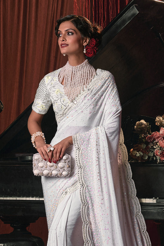 Karagiri White Silk Blend Saree With Blouse Piece