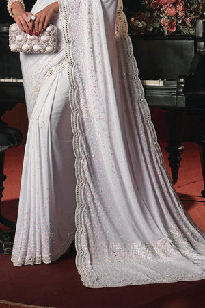 Karagiri White Silk Blend Saree With Blouse Piece