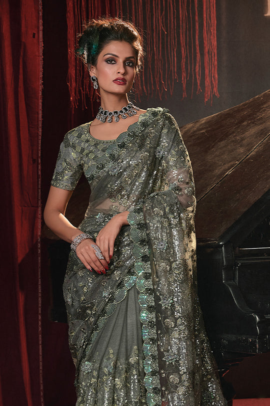 Karagiri Mehandi  Digital Net Saree With Blouse Piece