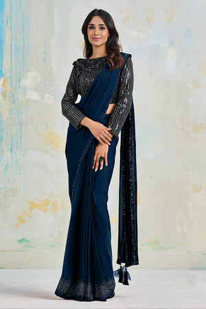 Navy Blue Satin Silk Saree -  Stitched Blouse