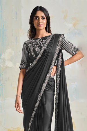 Black Satin Silk Saree -  Stitched Blouse