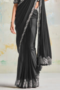 Black Satin Silk Saree -  Stitched Blouse