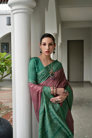 Red & Green Soft Desi Tussar Silk Saree With Unique Ikkat Painted Pattern With Tradional Ikkat Pallu And Border With Traditional Tassels And Contrast Blouse Piece