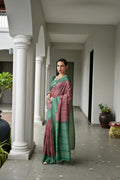 Red & Green Soft Desi Tussar Silk Saree With Unique Ikkat Painted Pattern With Tradional Ikkat Pallu And Border With Traditional Tassels And Contrast Blouse Piece
