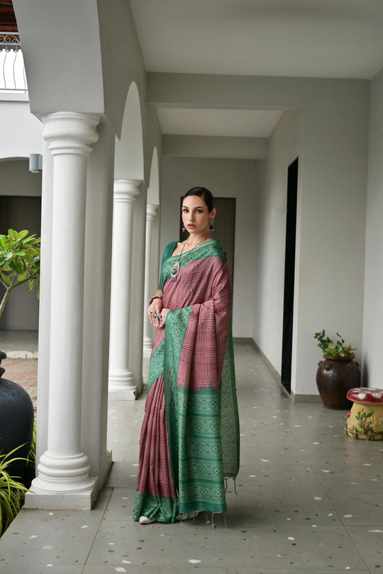 Red & Green Soft Desi Tussar Silk Saree With Unique Ikkat Painted Pattern With Tradional Ikkat Pallu And Border With Traditional Tassels And Contrast Blouse Piece