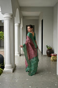 Red & Green Soft Desi Tussar Silk Saree With Unique Ikkat Painted Pattern With Tradional Ikkat Pallu And Border With Traditional Tassels And Contrast Blouse Piece