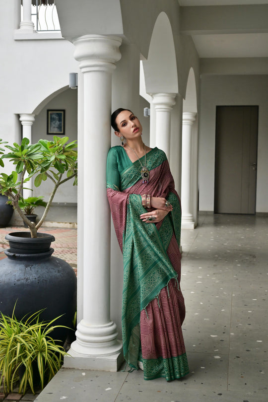 Red & Green Soft Desi Tussar Silk Saree With Unique Ikkat Painted Pattern With Tradional Ikkat Pallu And Border With Traditional Tassels And Contrast Blouse Piece