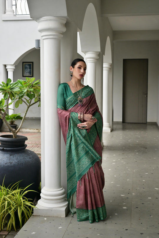 Red & Green Soft Desi Tussar Silk Saree With Unique Ikkat Painted Pattern With Tradional Ikkat Pallu And Border With Traditional Tassels And Contrast Blouse Piece