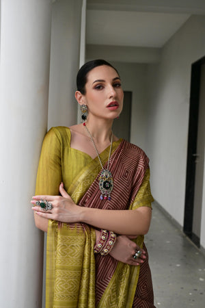 Yellow & Red Soft Desi Tussar Silk Saree With Unique Ikkat Painted Pattern With Tradional Ikkat Pallu And Border With Traditional Tassels And Contrast Blouse Piece