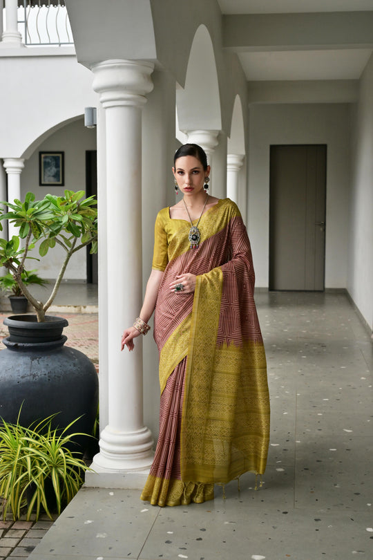 Yellow & Red Soft Desi Tussar Silk Saree With Unique Ikkat Painted Pattern With Tradional Ikkat Pallu And Border With Traditional Tassels And Contrast Blouse Piece