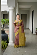 Yellow & Red Soft Desi Tussar Silk Saree With Unique Ikkat Painted Pattern With Tradional Ikkat Pallu And Border With Traditional Tassels And Contrast Blouse Piece