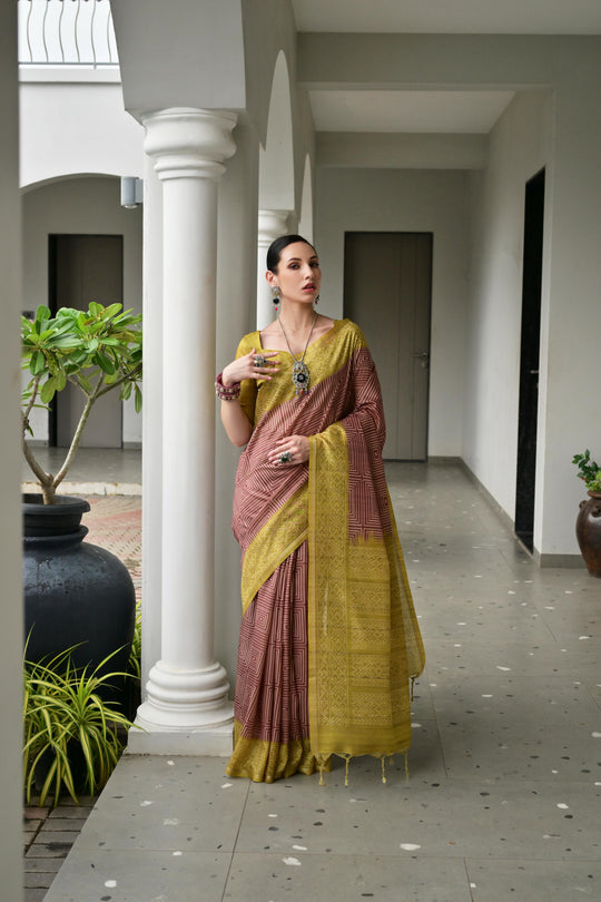 Yellow & Red Soft Desi Tussar Silk Saree With Unique Ikkat Painted Pattern With Tradional Ikkat Pallu And Border With Traditional Tassels And Contrast Blouse Piece