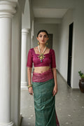 Green & Pink Soft Desi Tussar Silk Saree With Unique Ikkat Painted Pattern With Tradional Ikkat Pallu And Border With Traditional Tassels And Contrast Blouse Piece