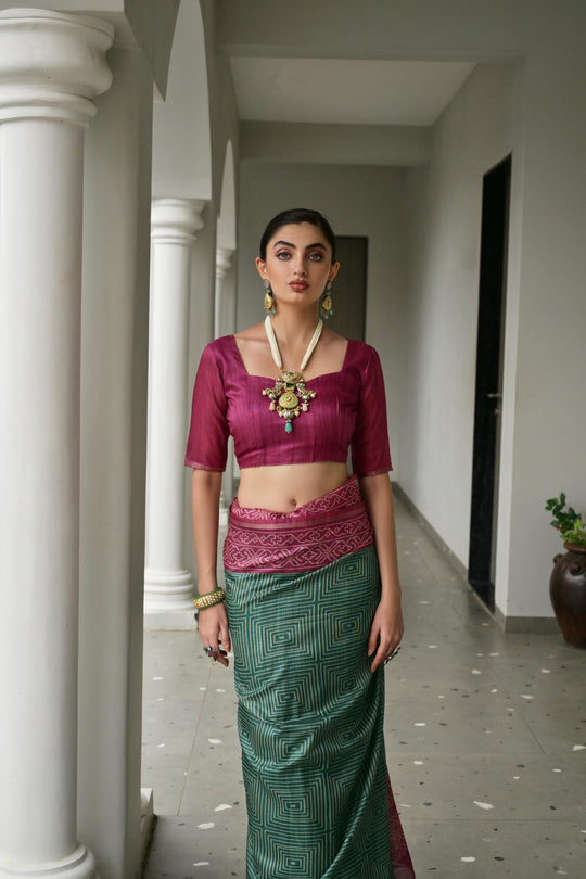 Green & Pink Soft Desi Tussar Silk Saree With Unique Ikkat Painted Pattern With Tradional Ikkat Pallu And Border With Traditional Tassels And Contrast Blouse Piece