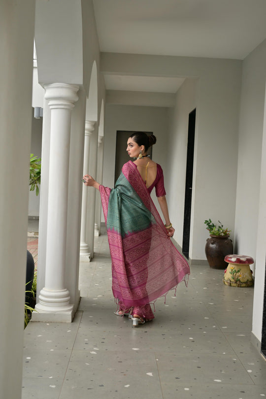 Green & Pink Soft Desi Tussar Silk Saree With Unique Ikkat Painted Pattern With Tradional Ikkat Pallu And Border With Traditional Tassels And Contrast Blouse Piece
