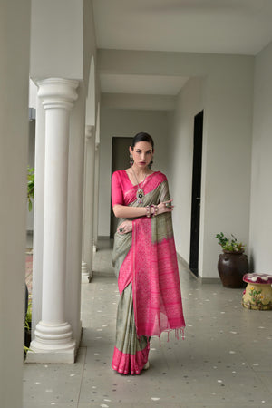 Light Green & Pink Soft Desi Tussar Silk Saree With Unique Ikkat Painted Pattern With Tradional Ikkat Pallu And Border With Traditional Tassels And Contrast Blouse Piece