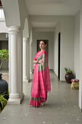 Light Green & Pink Soft Desi Tussar Silk Saree With Unique Ikkat Painted Pattern With Tradional Ikkat Pallu And Border With Traditional Tassels And Contrast Blouse Piece