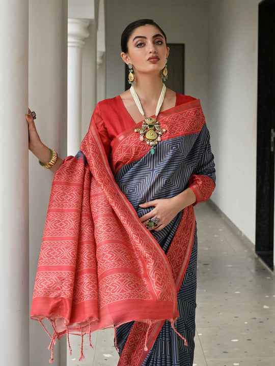 Red Soft Tussar Silk Saree With Blouse Piece