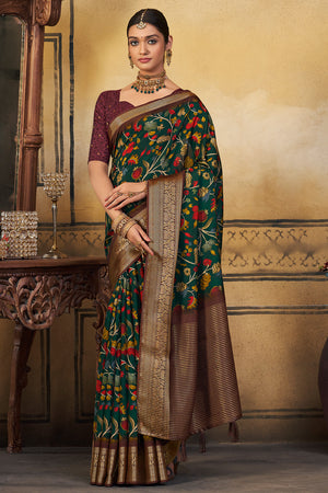 Bottle Green Digital Print Saree