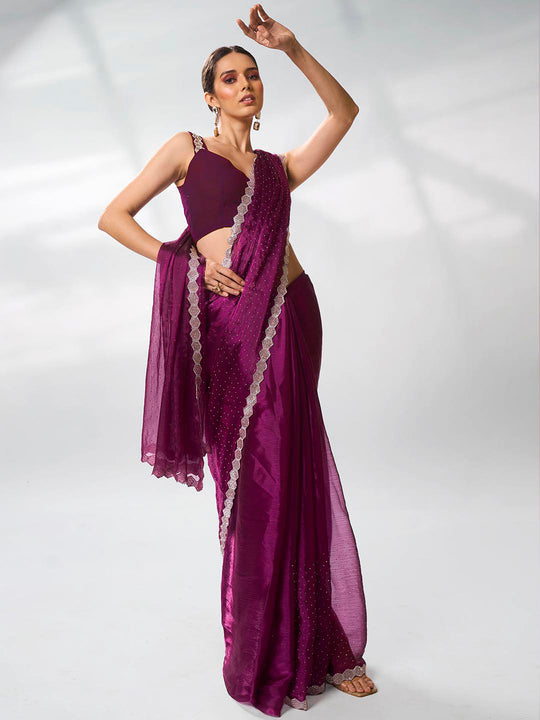 Purple Organza Party Wear Saree With Blouse Piece