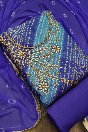 Multi Blue Jacquard Cotton Dress Material- Unstitched