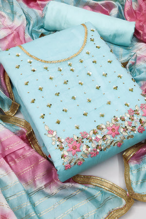 Sky Blue Modal Chanderi Dress Material- Unstitched