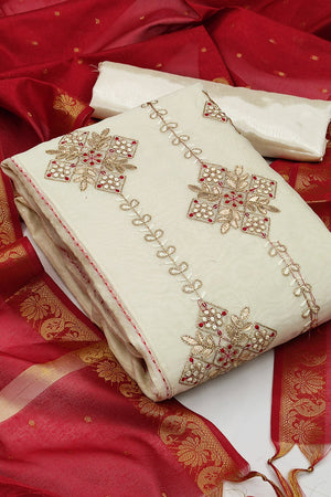 Ivory Beige Modal Chanderi Dress Material- Unstitched