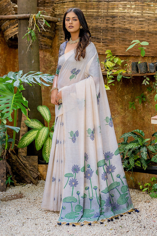 Navy Blue Muga Cotton Saree With Blouse Piece