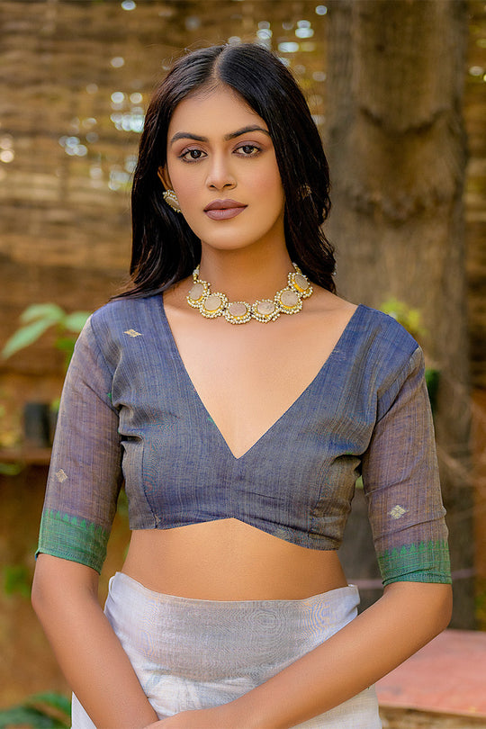 Navy Blue Muga Cotton Saree With Blouse Piece