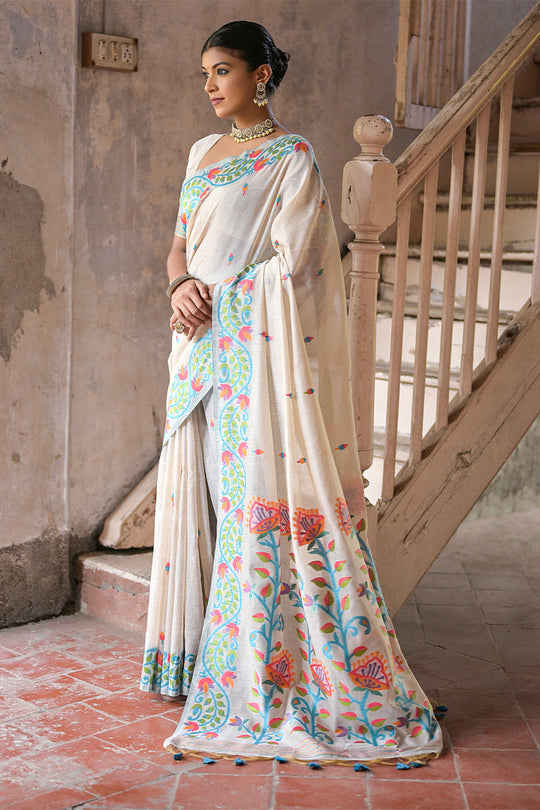 Teal and Cream Muga Cotton Saree With Blouse Piece