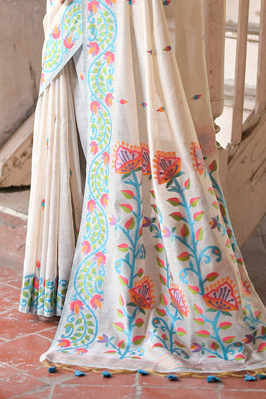 Teal and Cream Muga Cotton Saree With Blouse Piece