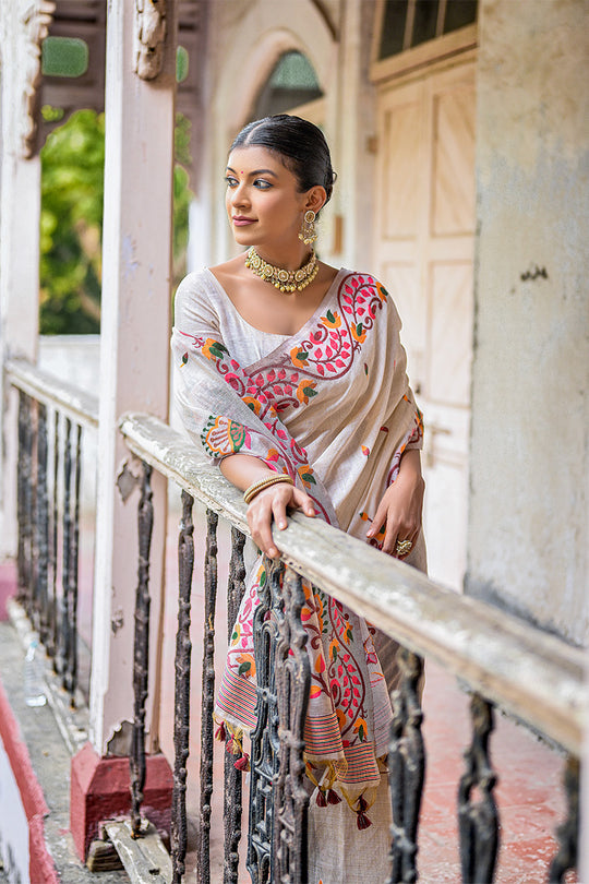 Maroon and Cream Muga Cotton Saree With Blouse Piece