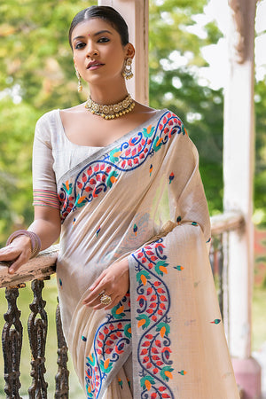 Navy Blue and Cream Muga Cotton Saree With Blouse Piece