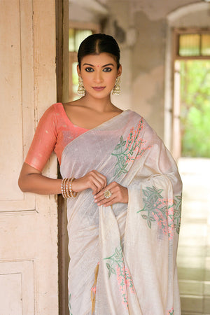 Peach Muga Cotton Saree With Blouse Piece