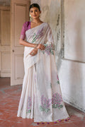 Purple & White Muga Cotton Saree With Blouse Piece